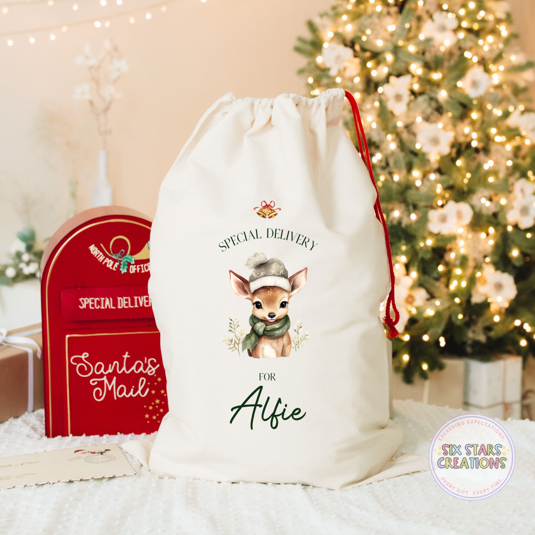 Forest Green Deer Personalised Santa Sack