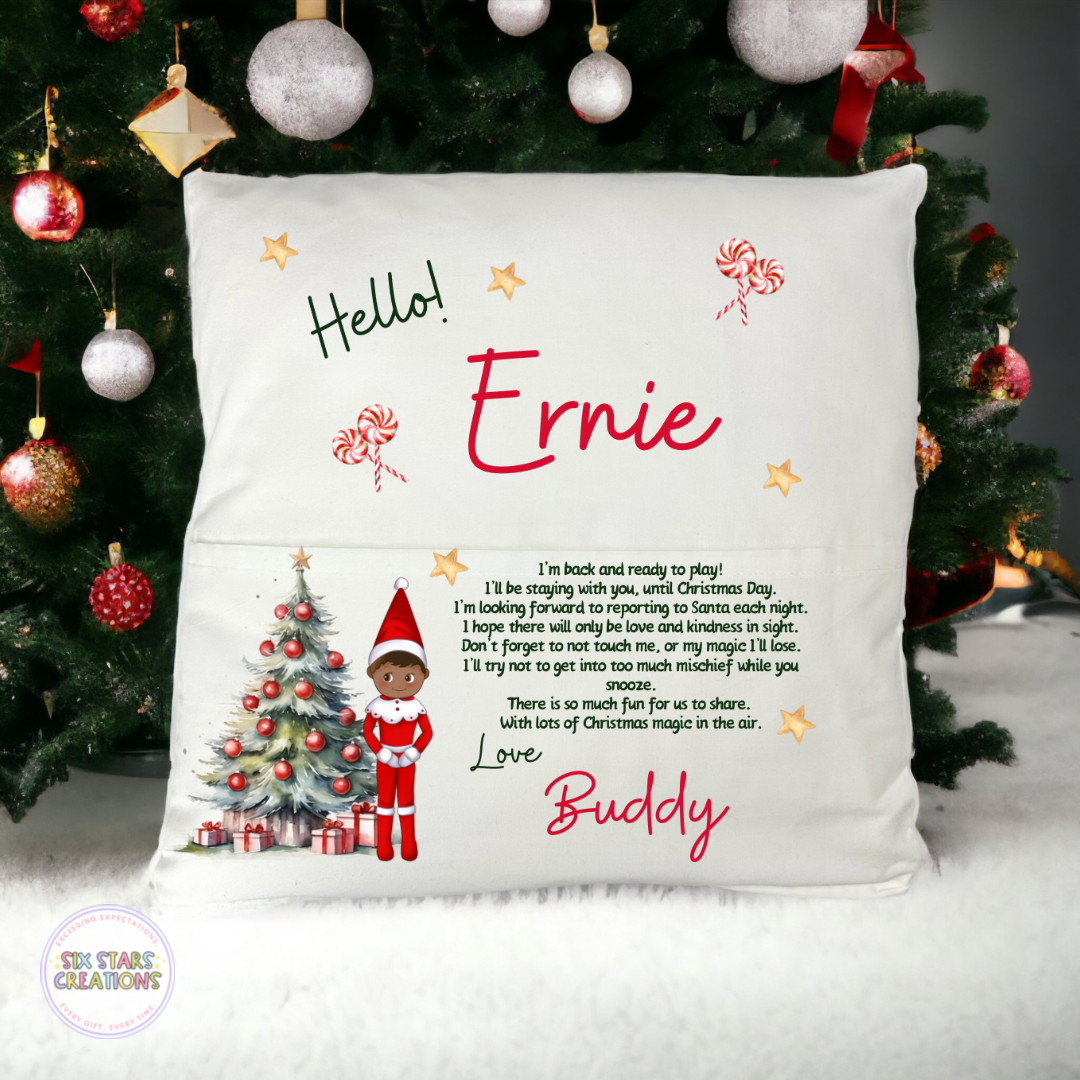 Red Elf Arrival Pocket Cushion Personalised - Boy Elf