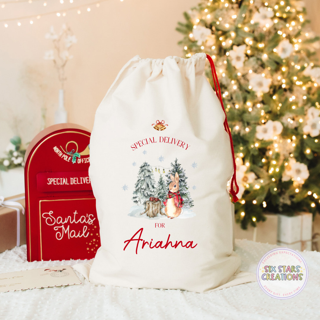 Snowy Forest Red Bunny Personalised Santa Sack