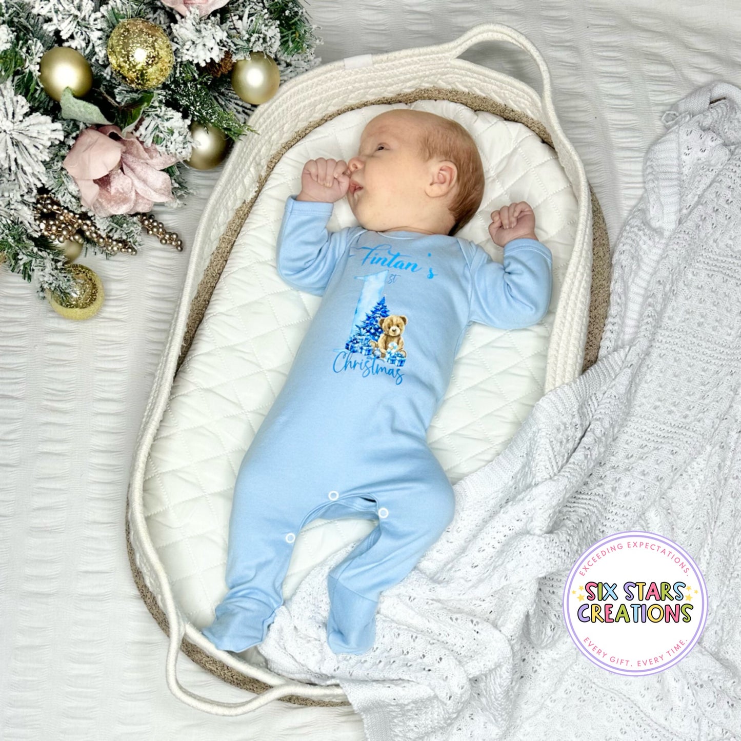 Personalised 1st Christmas Baby Romper - Blue or Pink