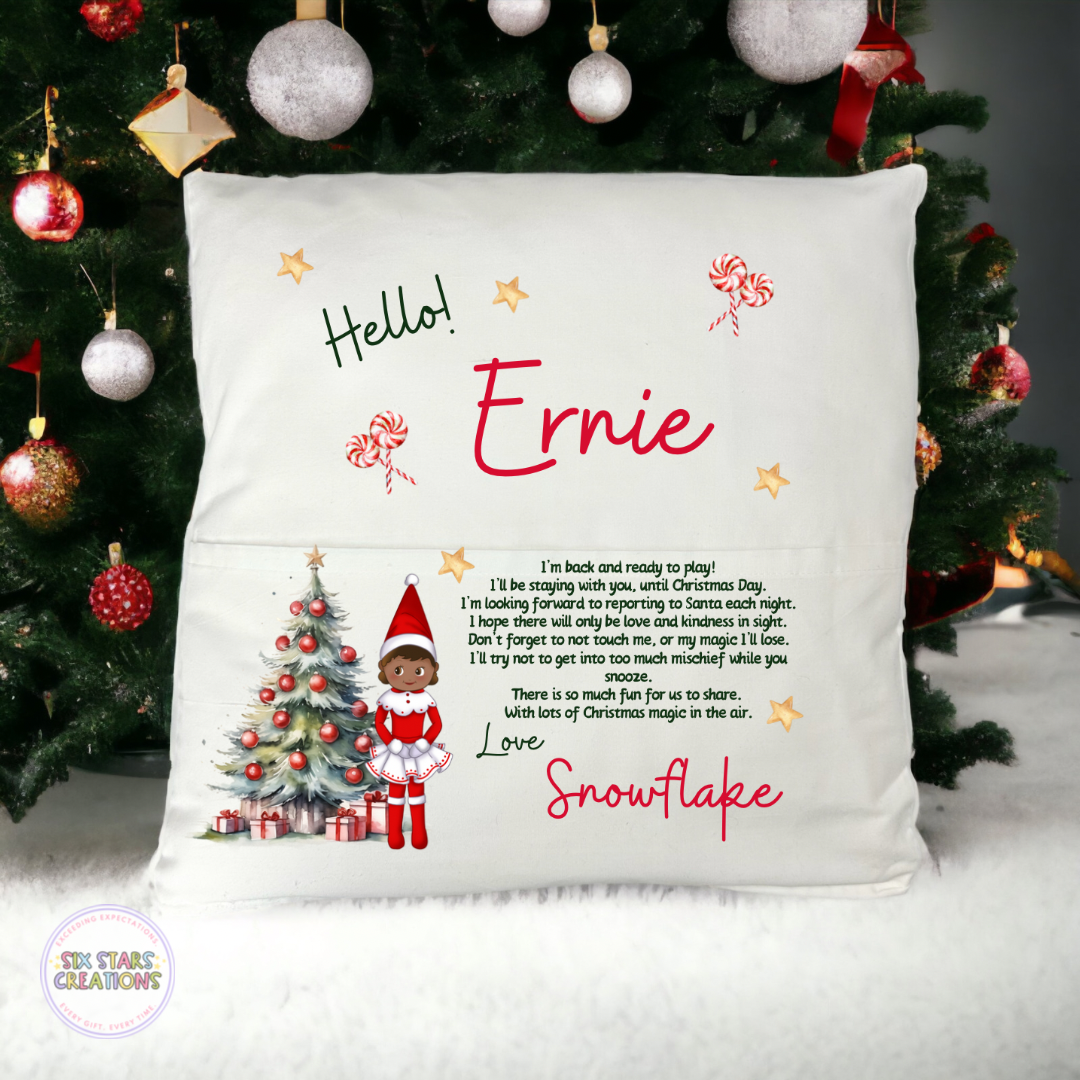 Red Elf Arrival Pocket Cushion Personalised - Girl Elf