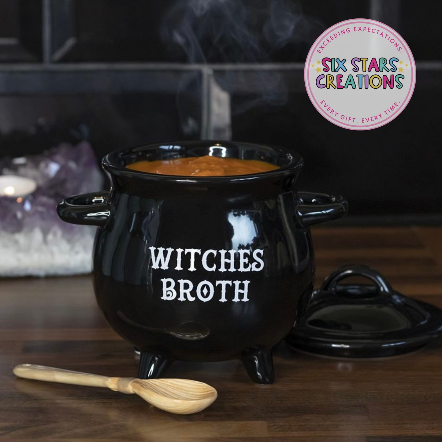 Witches Broth Cauldron Soup Bowl With Broom Spoon