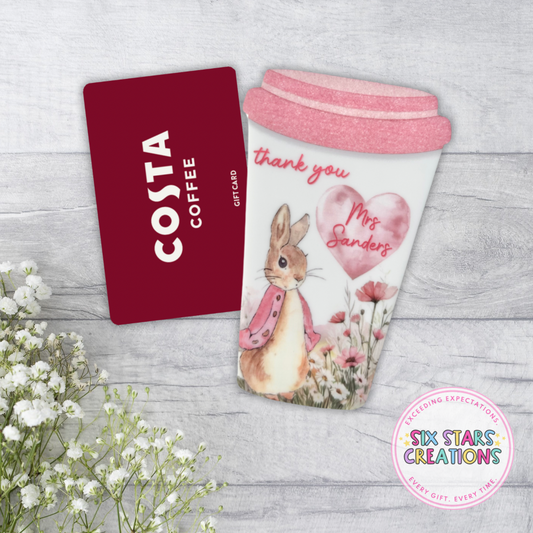 Personalised Coffee Cup Shaped Gift Card Holder - Pink Bunny