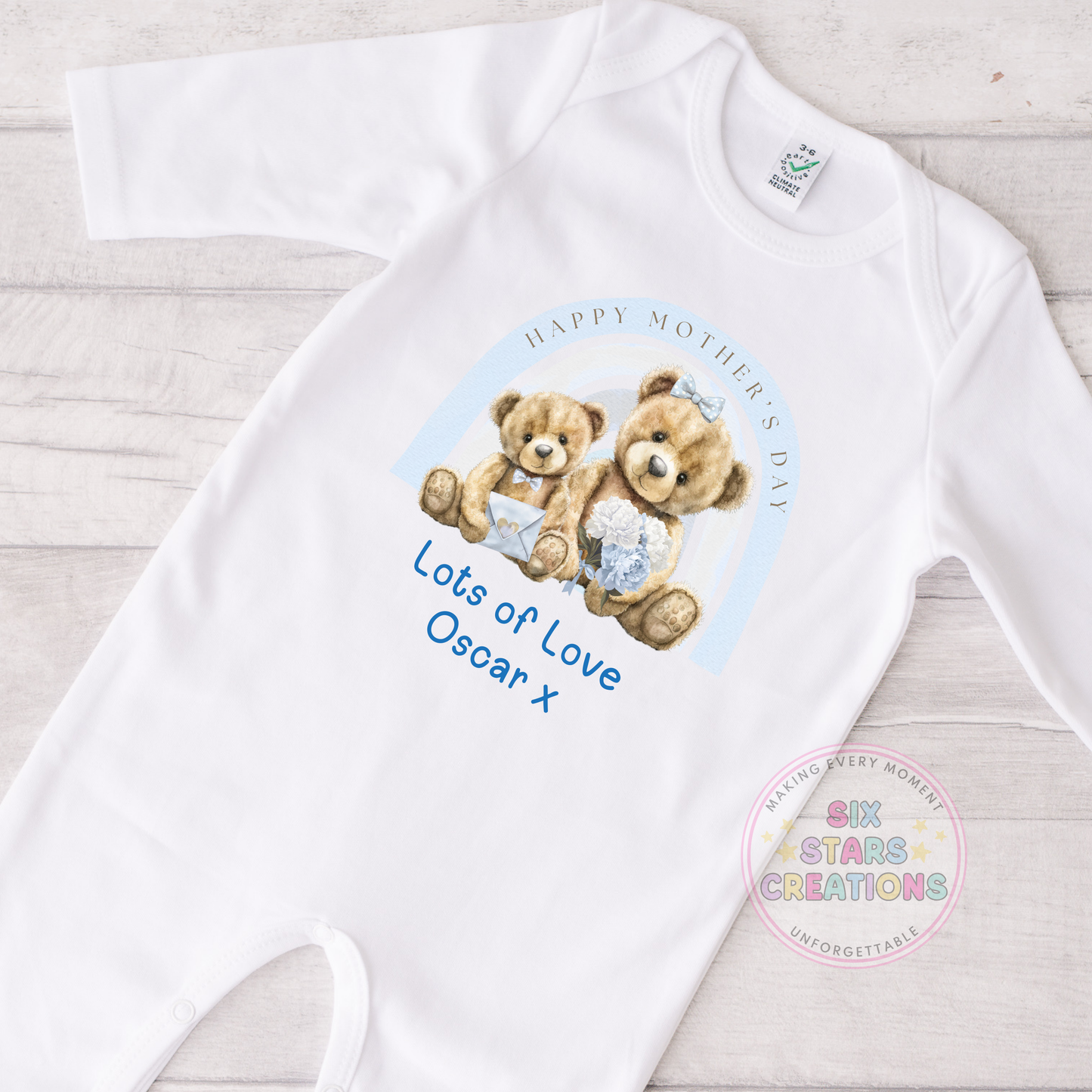 Personalised 'Happy Mother's Day' Pink Or Blue Rainbow Bear Design Baby Sleepsuit