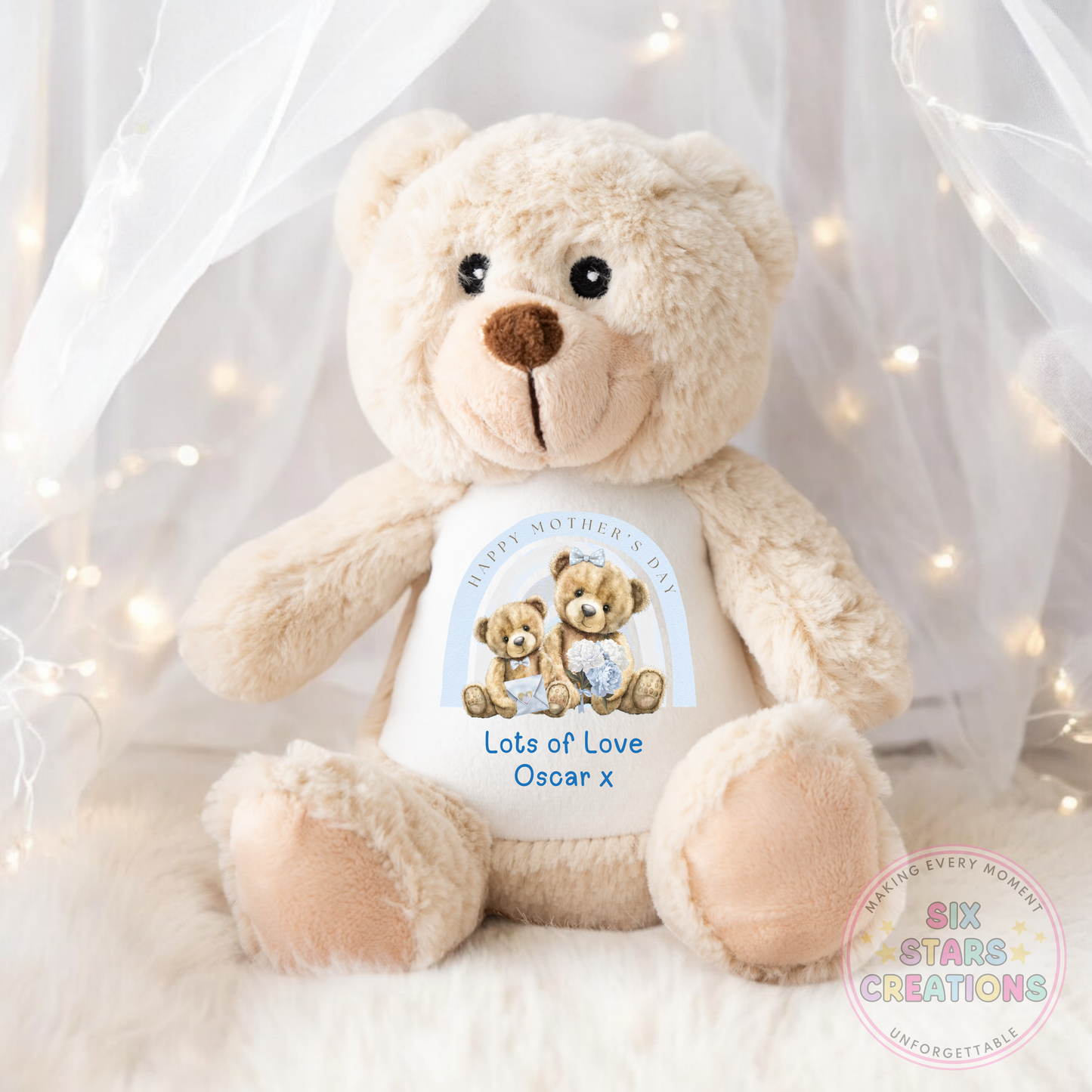 Personalised Mother’s Day Teddy Bear - Blue Rainbow Bear Design
