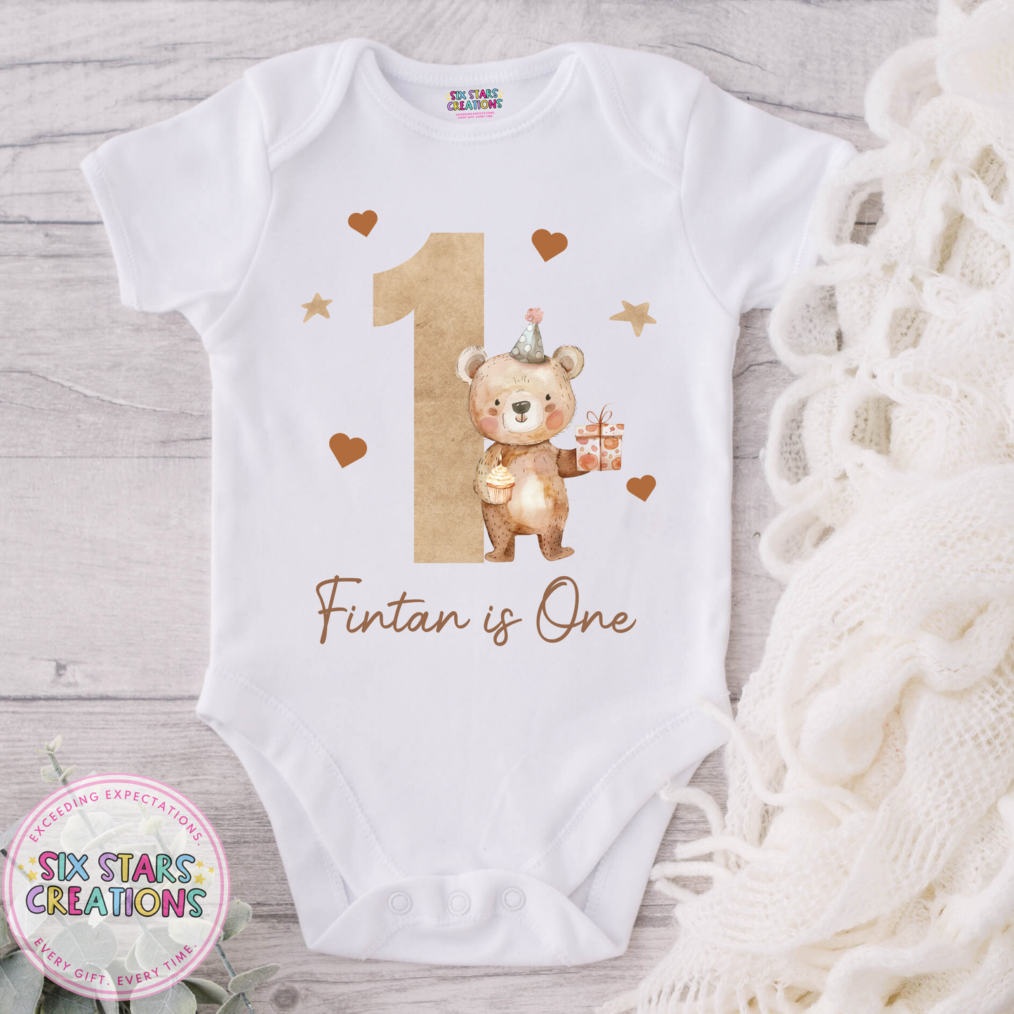 Personalised Birthday Bodysuit - ‘Name’ Is One Brown Bear Design