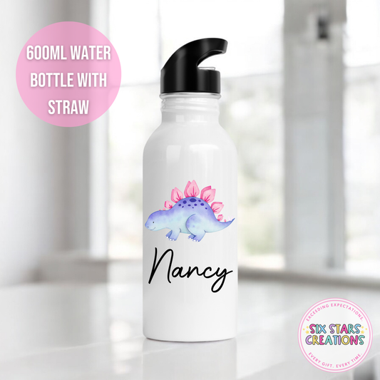 Stainless Steel Water Bottle With Straw - PINK DINO