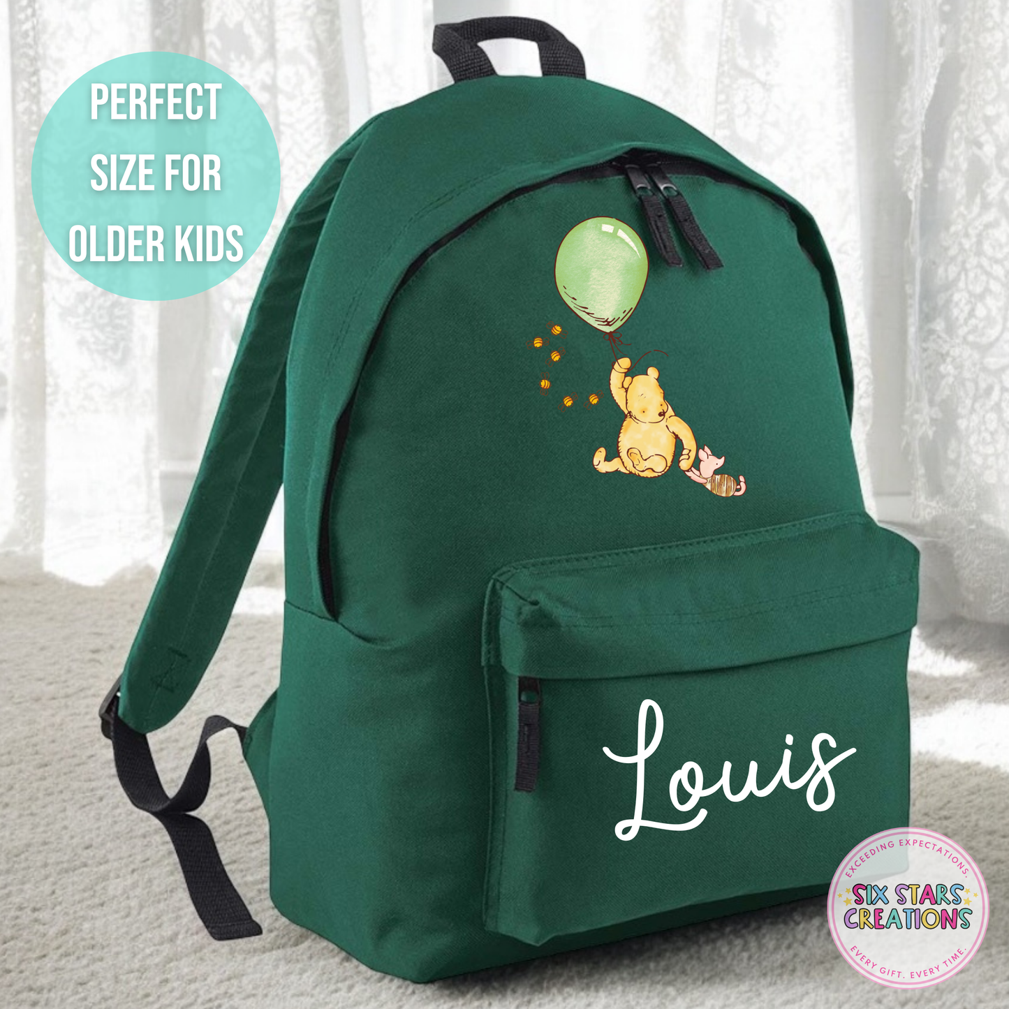 Personalised Older Children's 18L Backpack - BEAR GREEN BALLOON