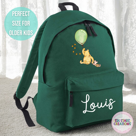 Personalised Older Children's 18L Backpack - BEAR GREEN BALLOON