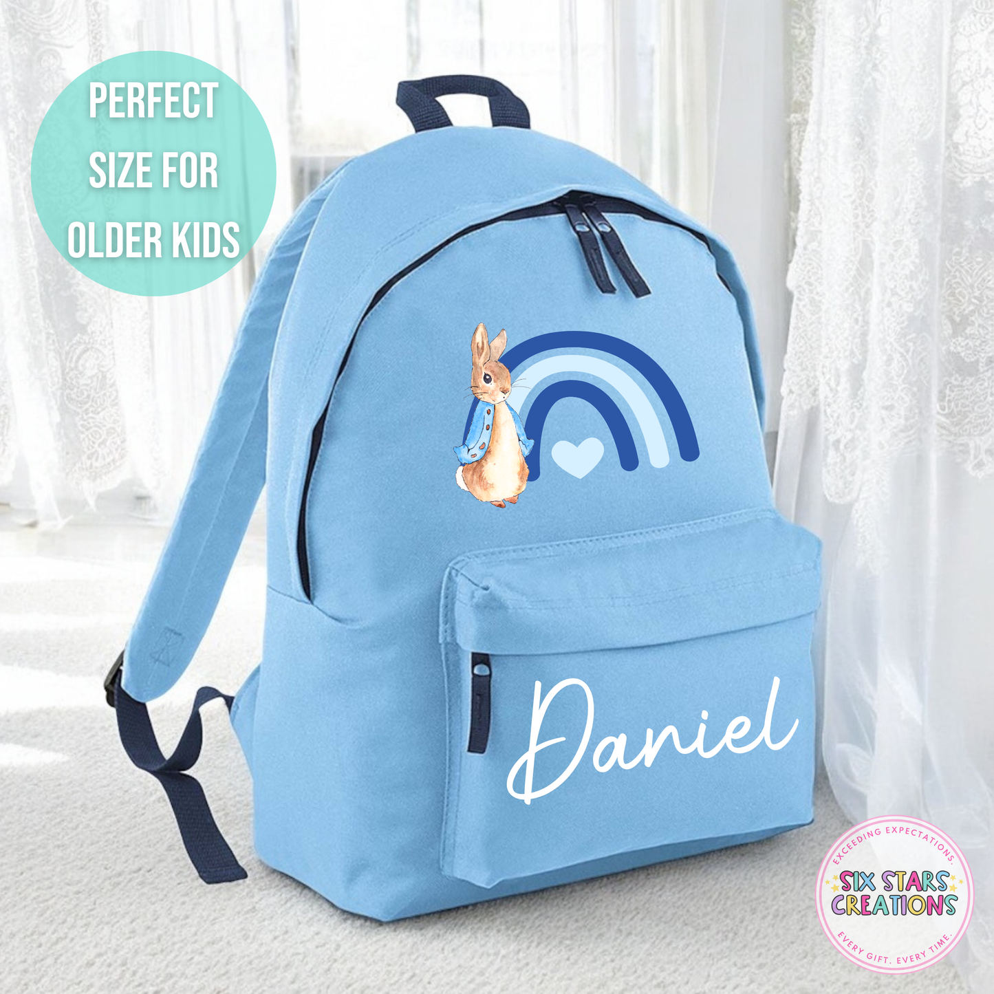 Personalised Older Children's 18L Backpack - BLUE RAINBOW BUNNY