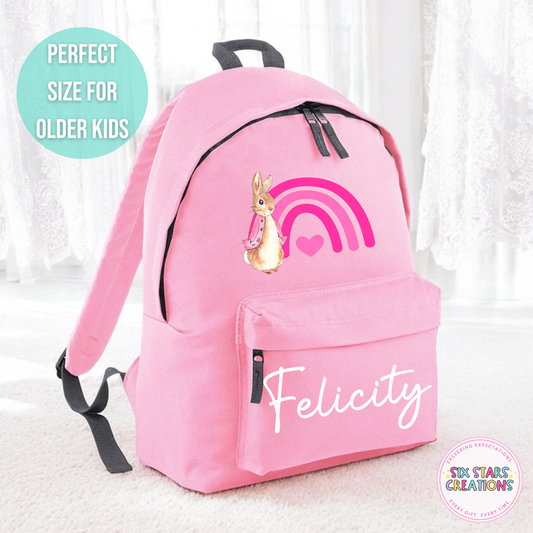 Personalised Older Children's 18L Backpack - PINK RAINBOW BUNNY