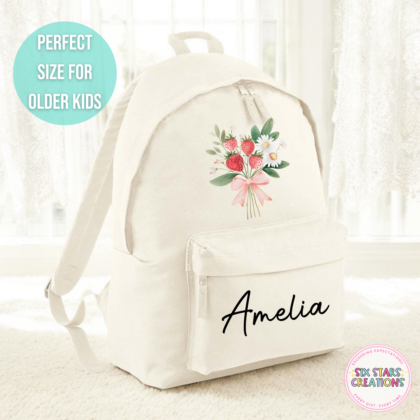 Personalised Older Children's 18L Backpack - STRAWBERRY FLOWERS