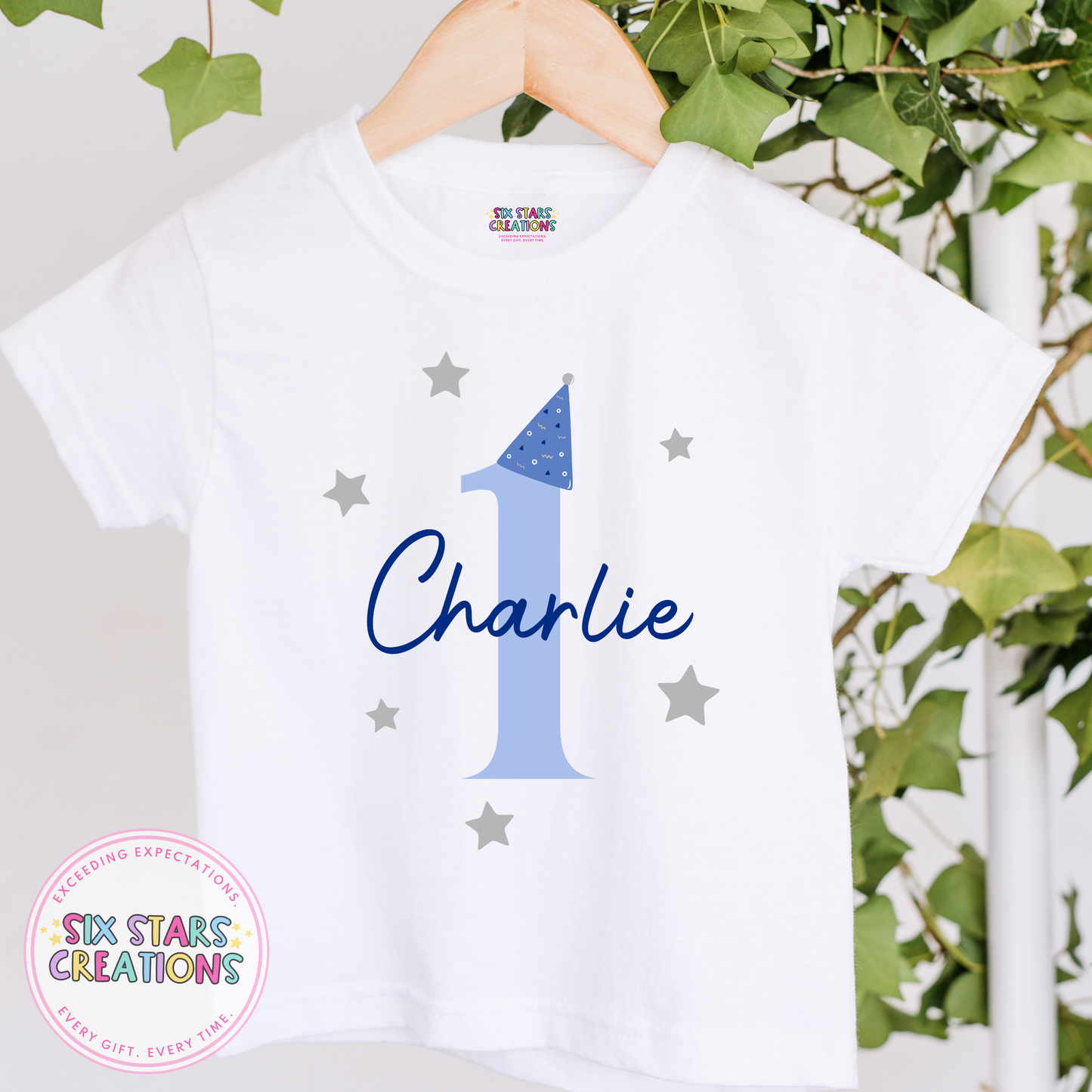 Personalised Birthday T-Shirt - Number 1 Blue Party Hat Design