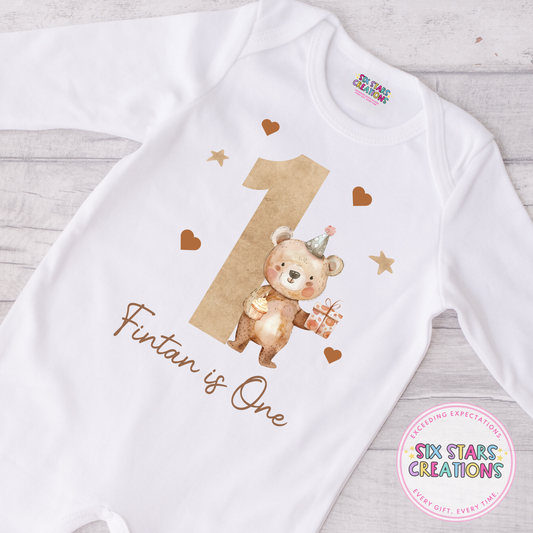 Personalised Birthday Romper - ‘Name’ Is One Brown Bear Design