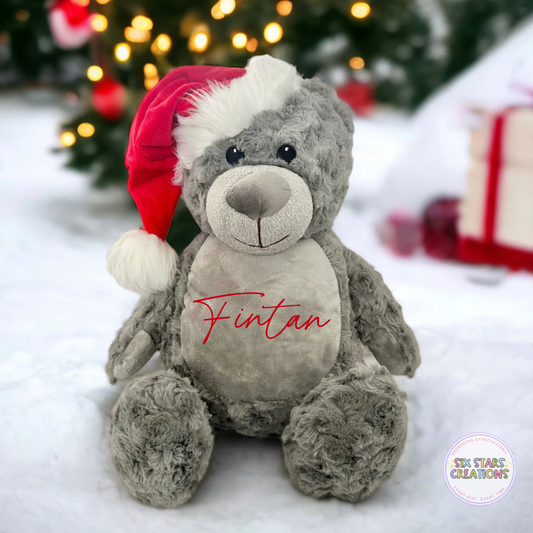 Personalised Grey Bear With Santa Hat