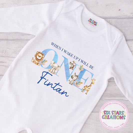 Personalised Birthday Romper - When I Wake Up Blue Safari 1-5 Design