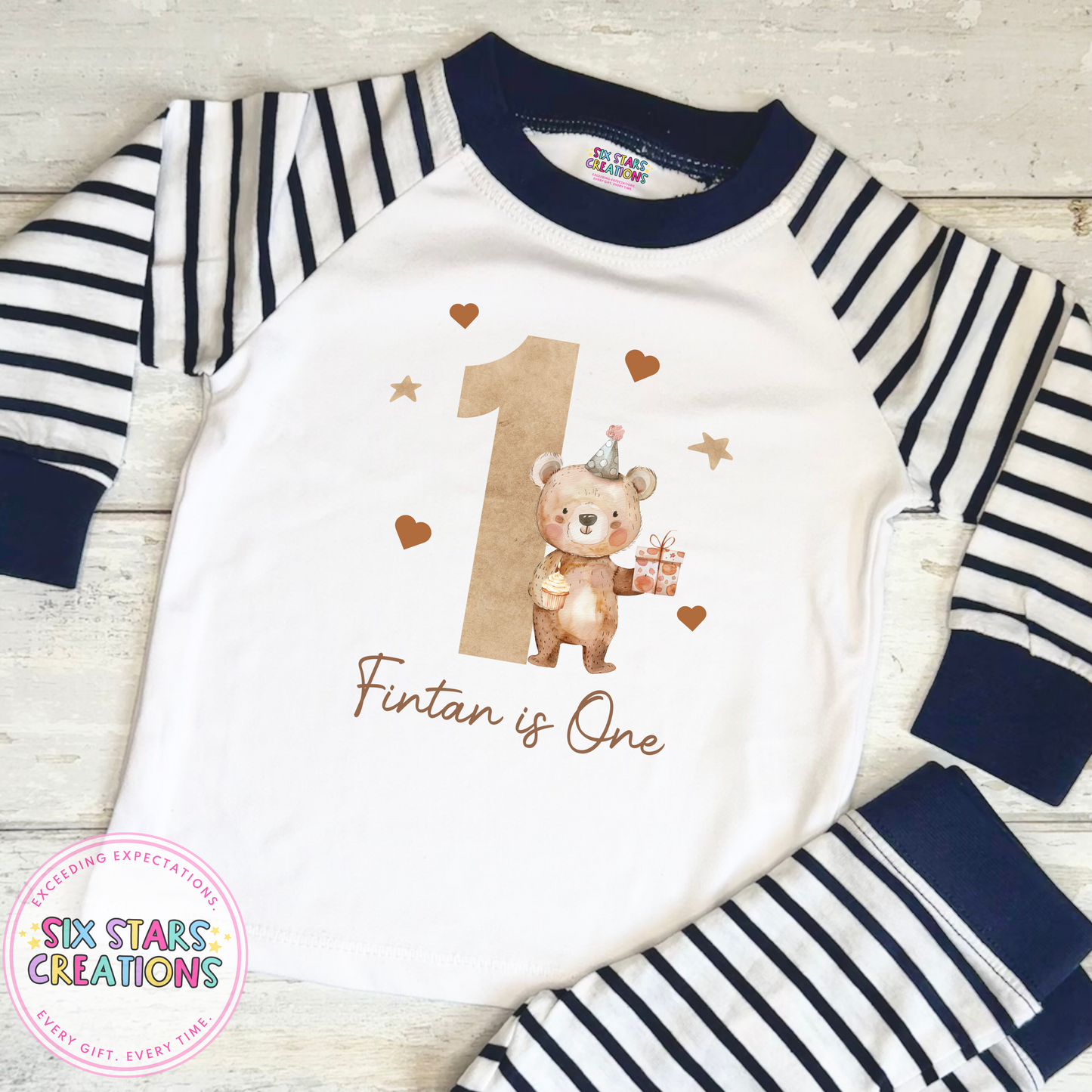 Personalised Birthday Pyjamas - ‘Name’ Is One Brown Bear Design