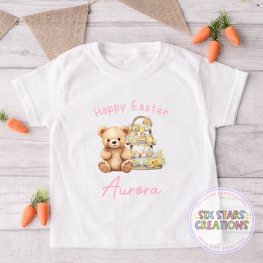 Personalised Happy Easter T-shirt - Pink Bear