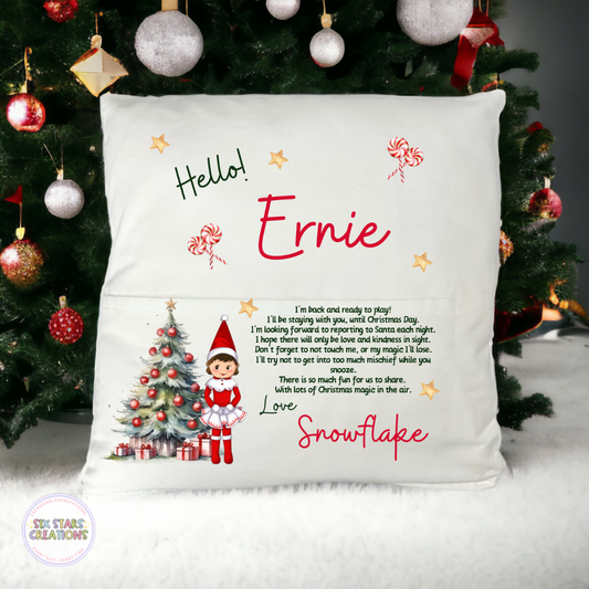 Red Elf Arrival Pocket Cushion Personalised - Girl Elf