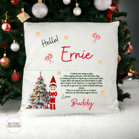 Red Elf Arrival Pocket Cushion Personalised - Boy Elf