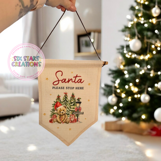 Santa Please Stop Here Hanging Linen Pennant – 5 Designs to choose from