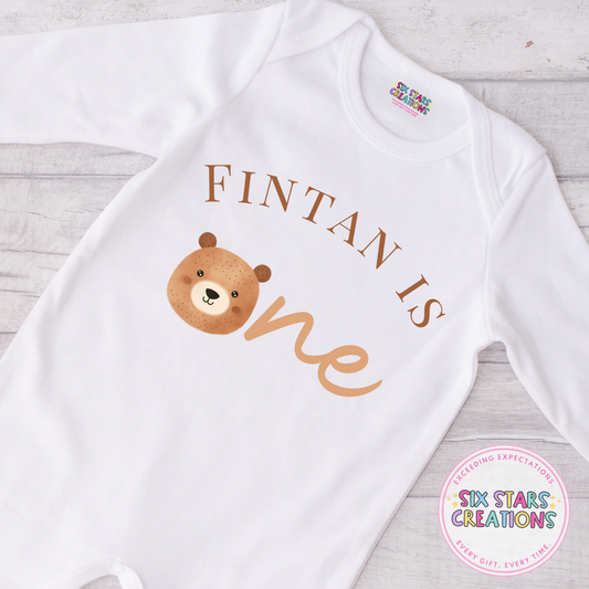 Personalised Birthday Romper - ‘Name’ Is One Brown Bear Design