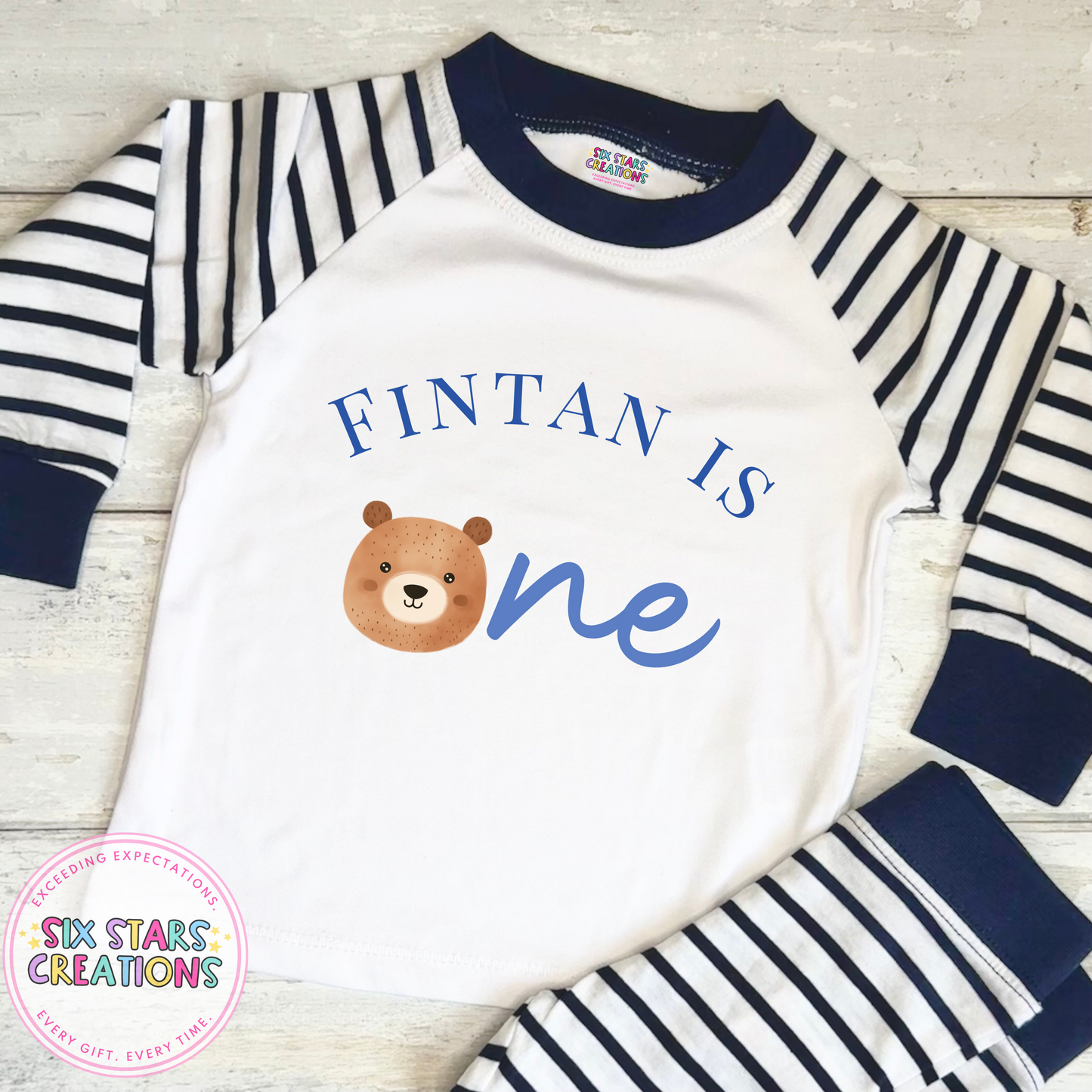 Personalised Birthday Pyjamas - ‘Name’ Is One Blue Bear Design