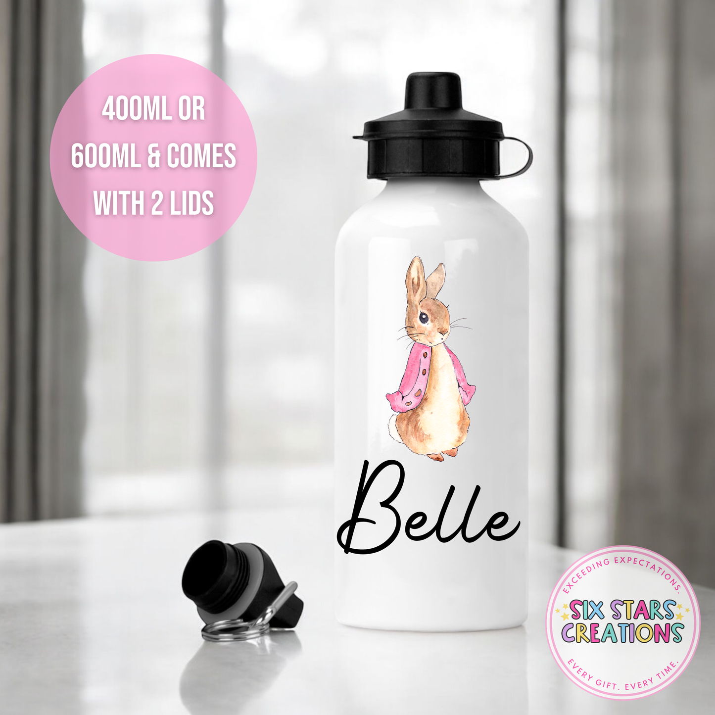 Premium Aluminium Water Bottle Comes With 2 Lids - PINK BUNNY