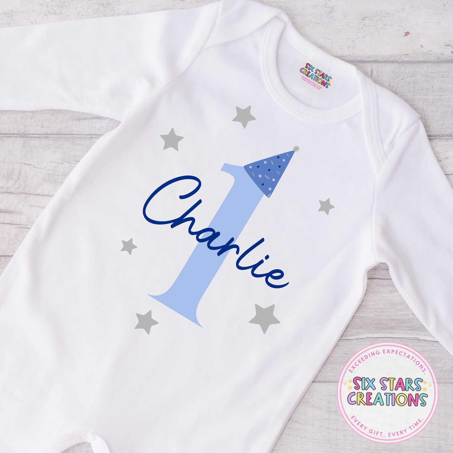 Personalised Birthday Romper - Number 1 Blue Party Hat Design