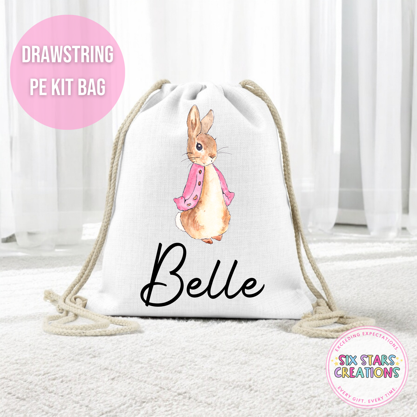 Large Drawstring P.E. Kit Bag - PINK BUNNY