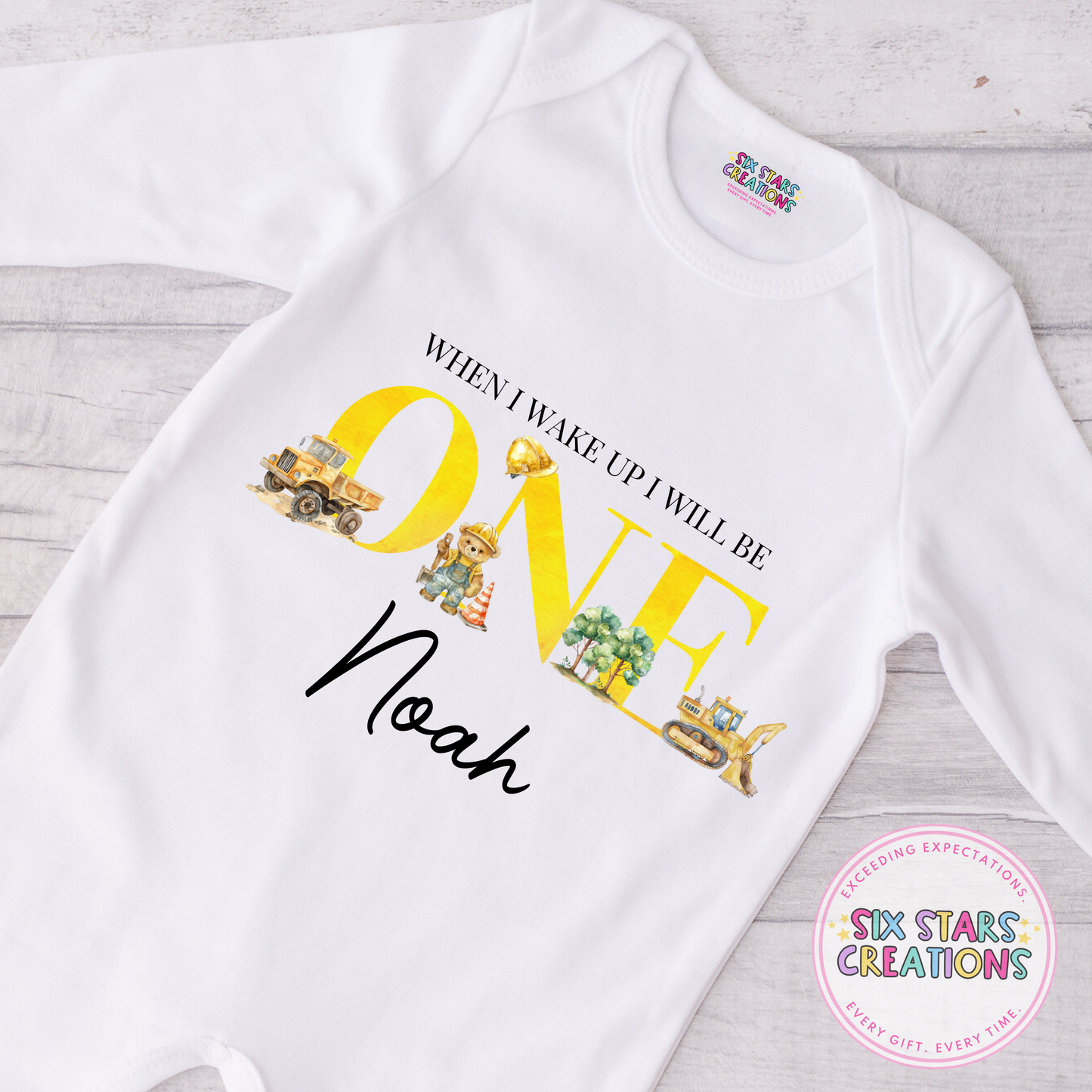 Personalised Birthday Romper - When I Wake Up Construction 1-5 Design