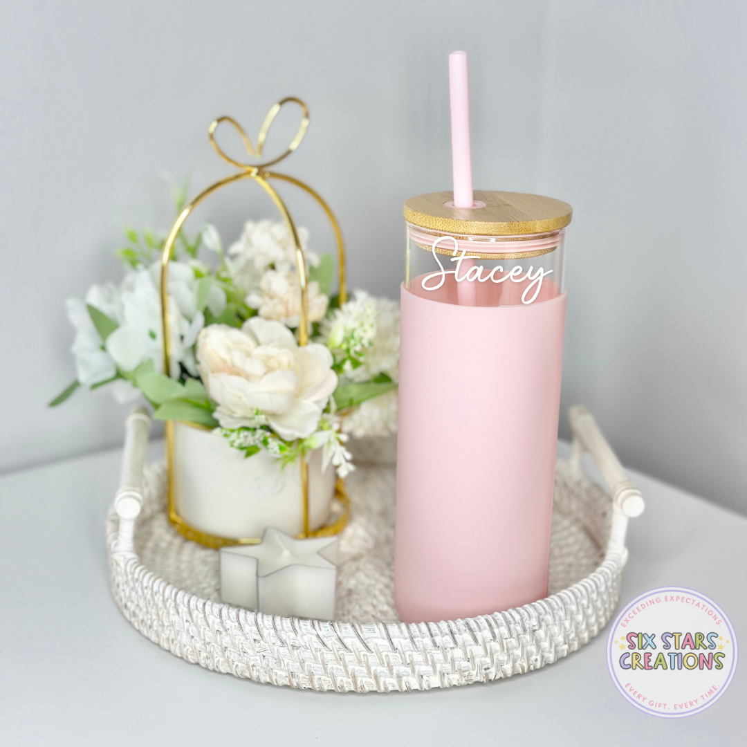 Pastel Pink Glass Bottle With Bamboo Lid & Straw