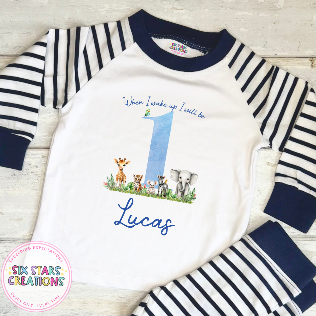 Personalised Birthday Pyjamas - Blue Safari Number