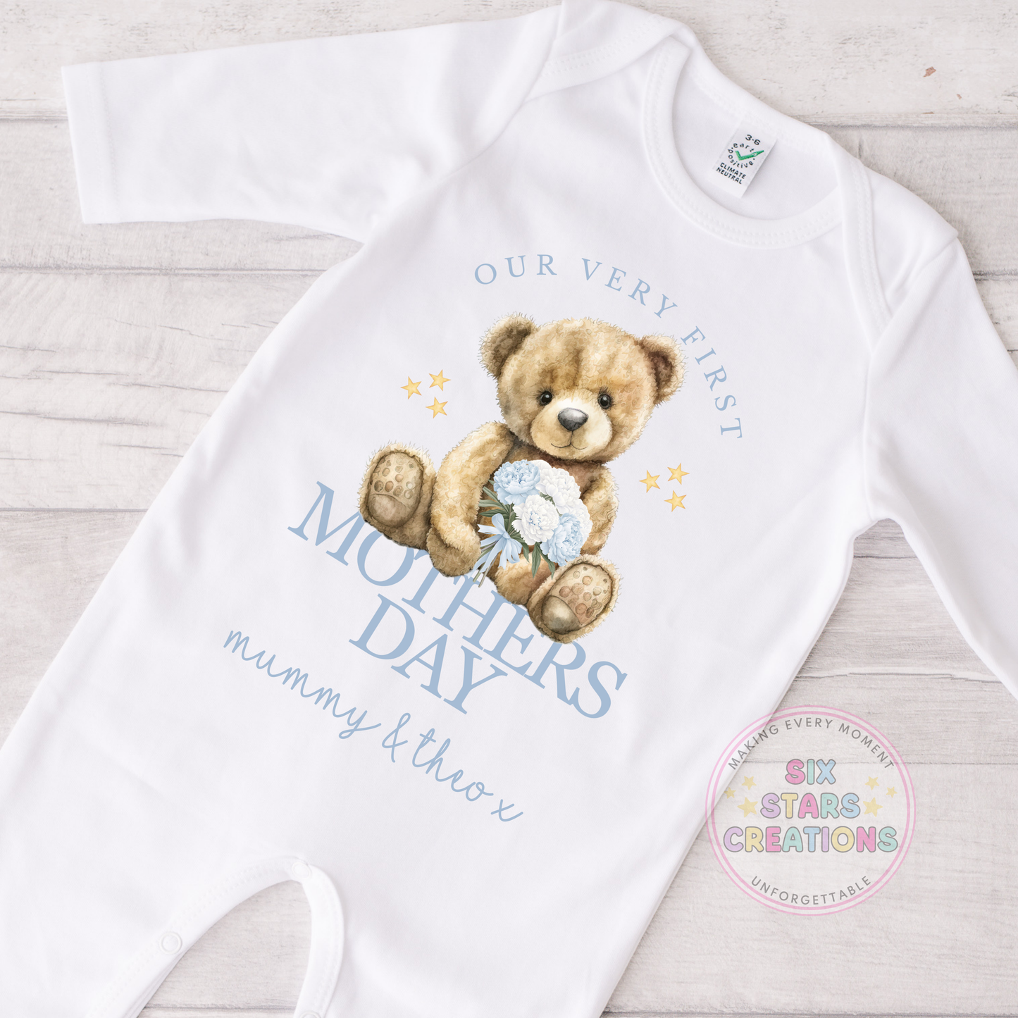 Personalised 'Our Very First Mother’s Day' Pink Or Blue Design Baby Sleepsuit