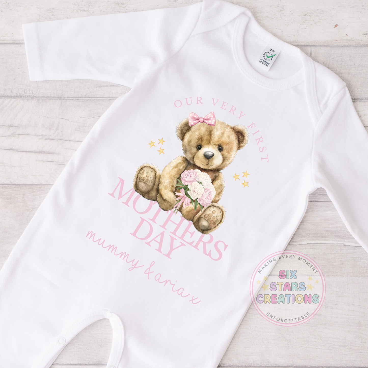 Personalised 'Our Very First Mother’s Day' Pink Or Blue Design Baby Sleepsuit