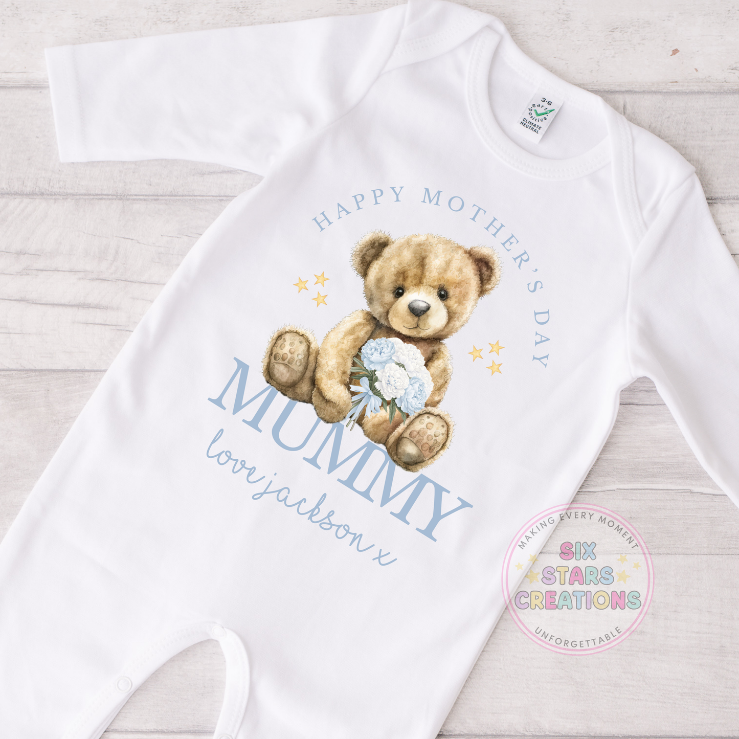Personalised 'Happy Mother's Day Mummy' Pink Or Blue Design Baby Sleepsuit