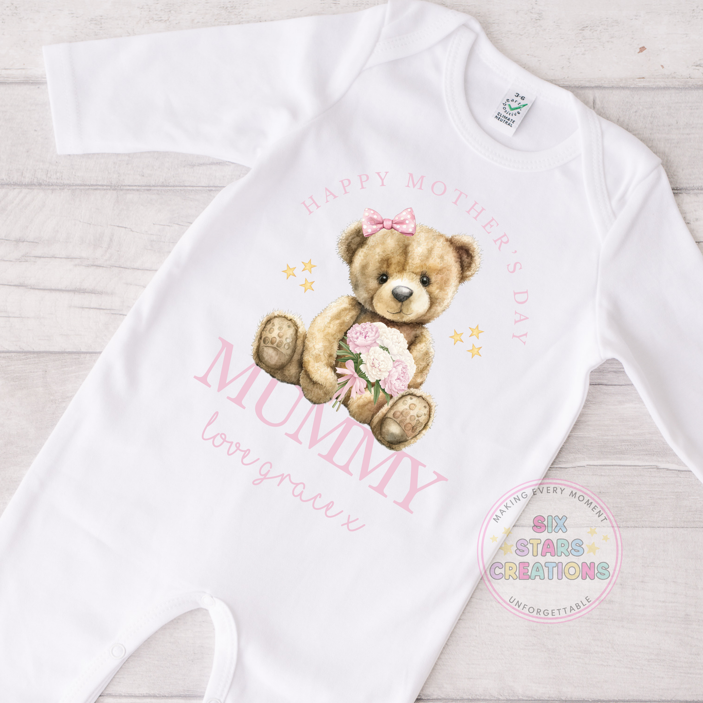 Personalised 'Happy Mother's Day Mummy' Pink Or Blue Design Baby Sleepsuit