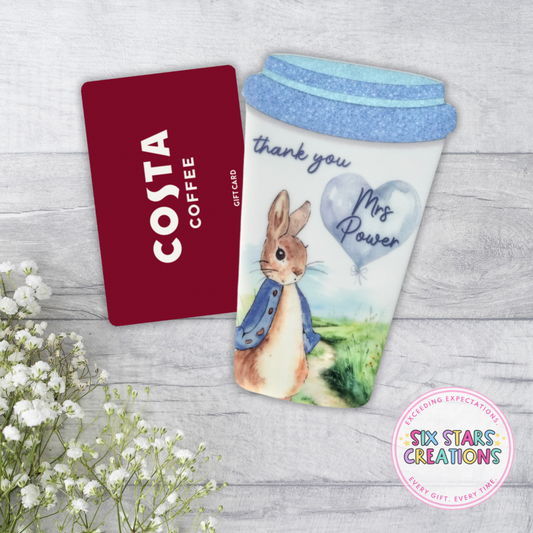 Personalised Coffee Cup Shaped Gift Card Holder - Blue Bunny