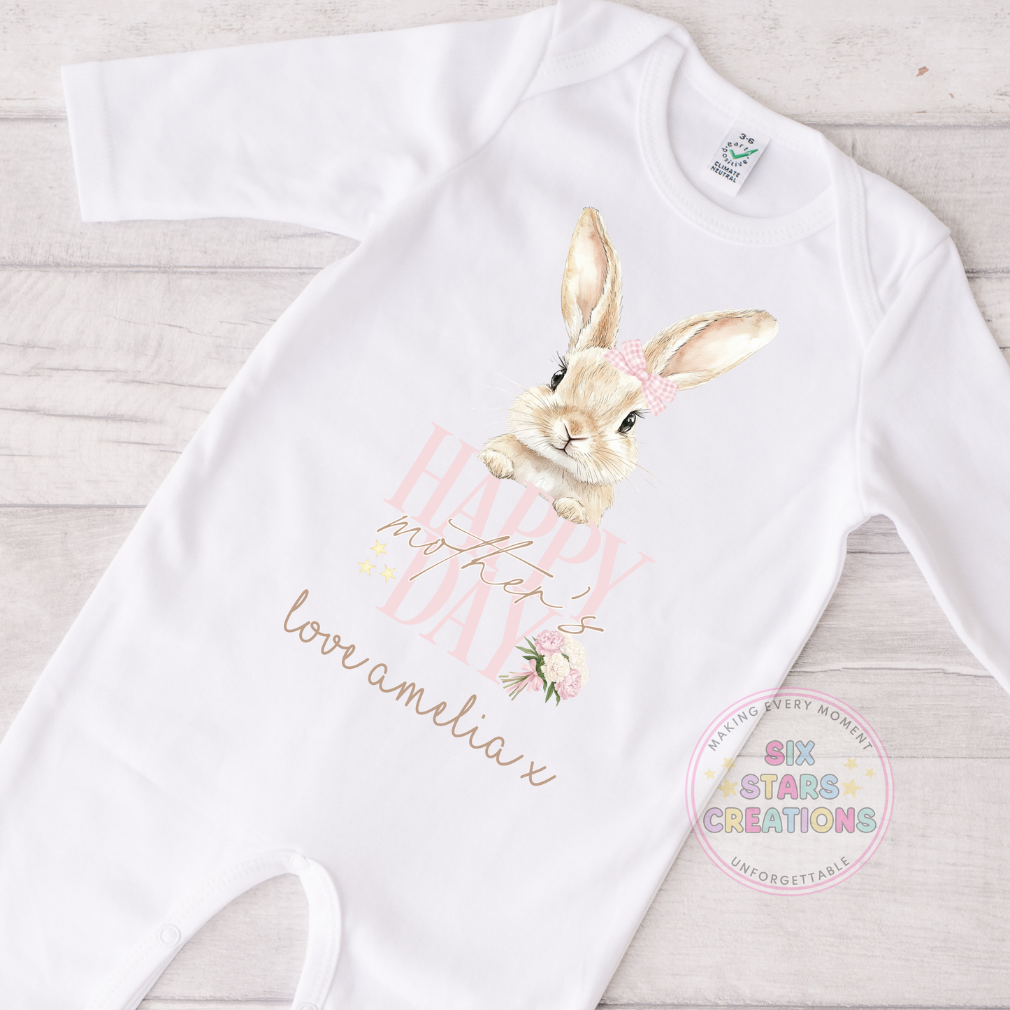 Personalised 'Happy Mother's Day' Pink Or Blue Bunny Design Baby Sleepsuit