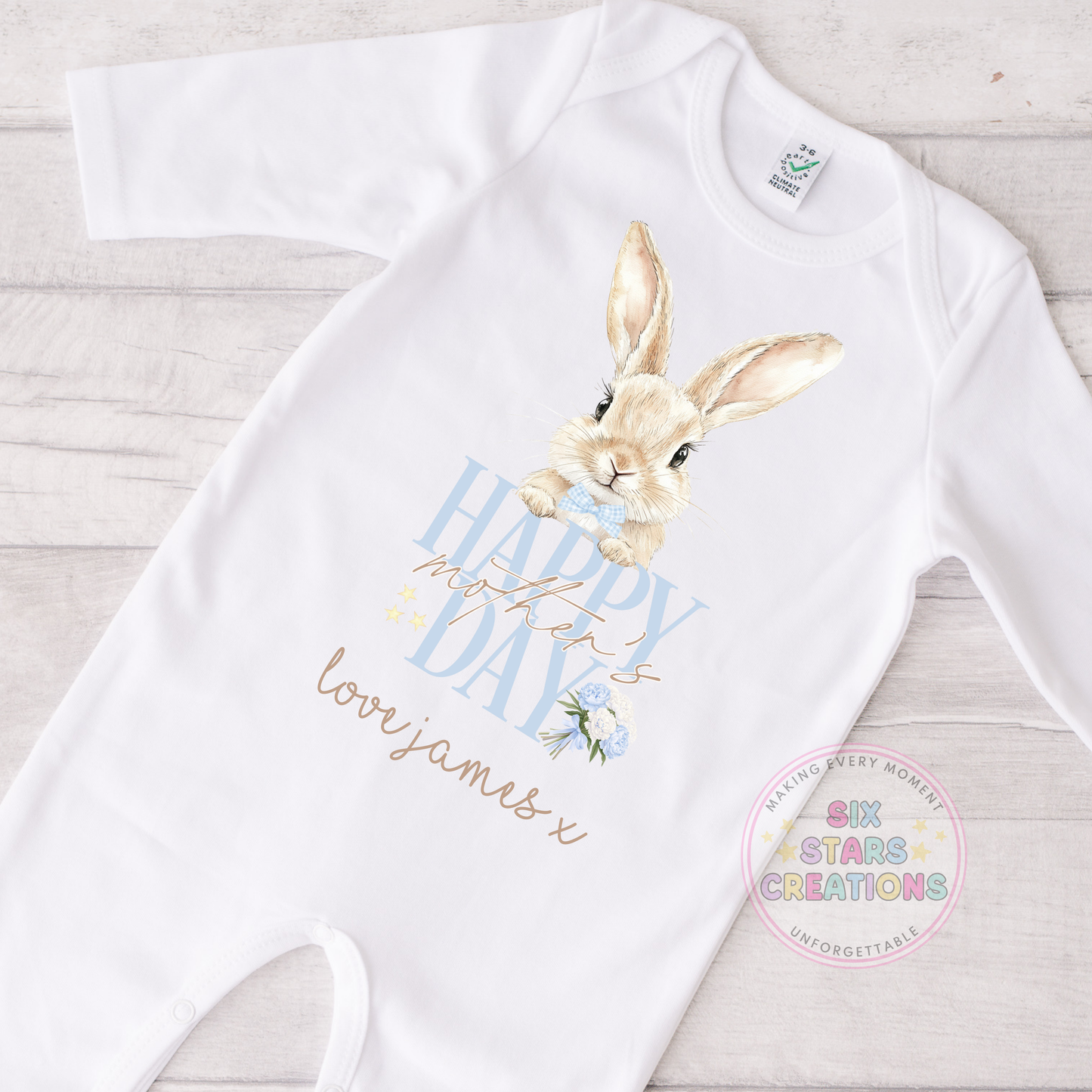 Personalised 'Happy Mother's Day' Pink Or Blue Bunny Design Baby Sleepsuit