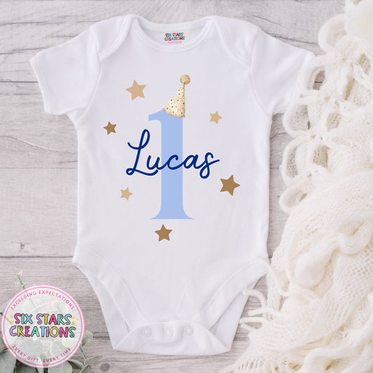 Personalised Birthday Bodysuit - Number 1 Beige Party Hat Design