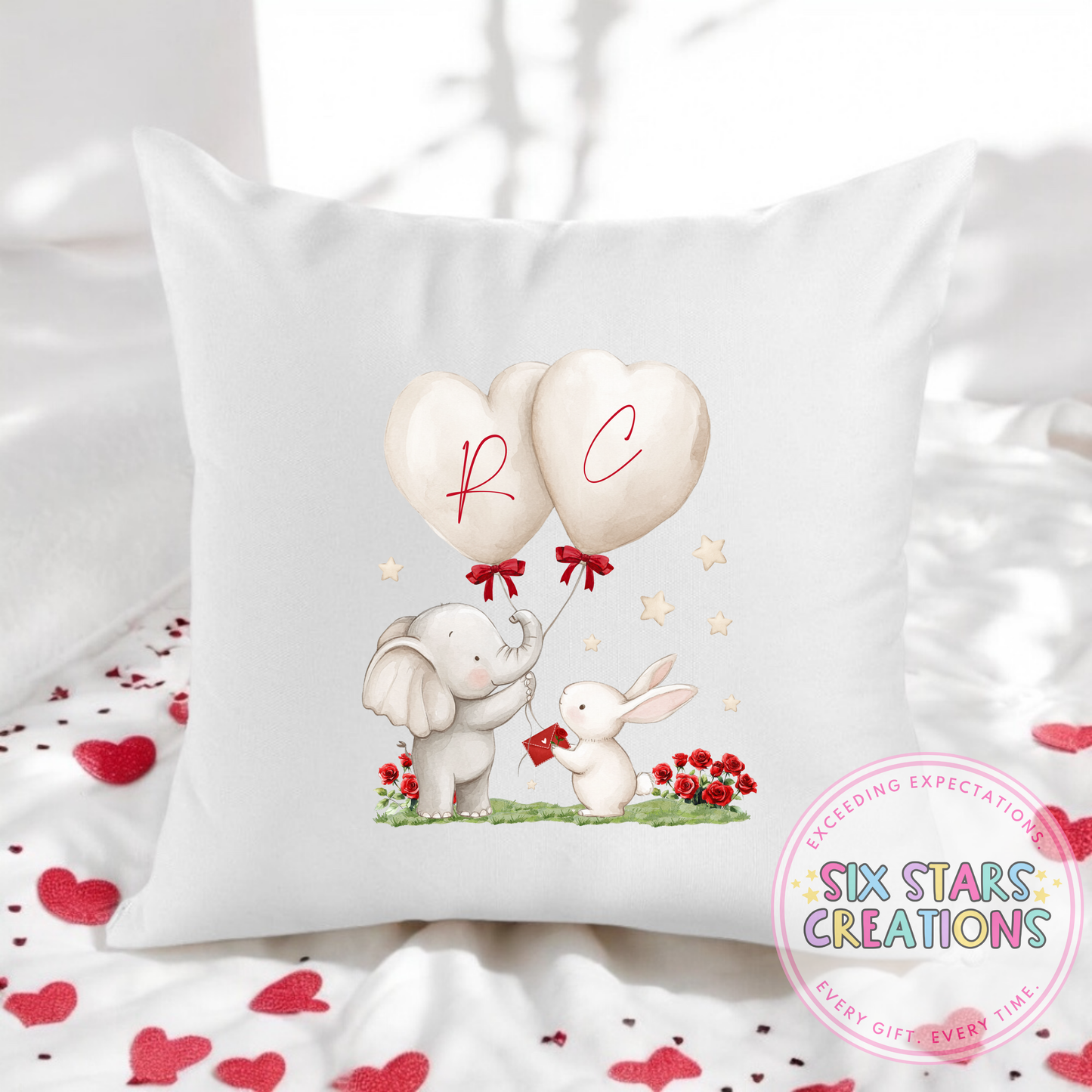 Balloon Initial Valentine’s Elephant & Bunny Cushion