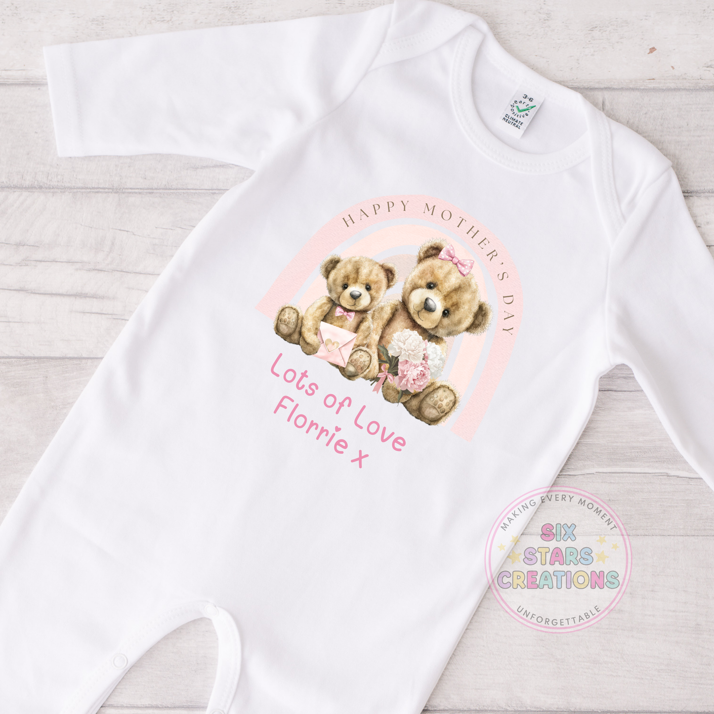 Personalised 'Happy Mother's Day' Pink Or Blue Rainbow Bear Design Baby Sleepsuit