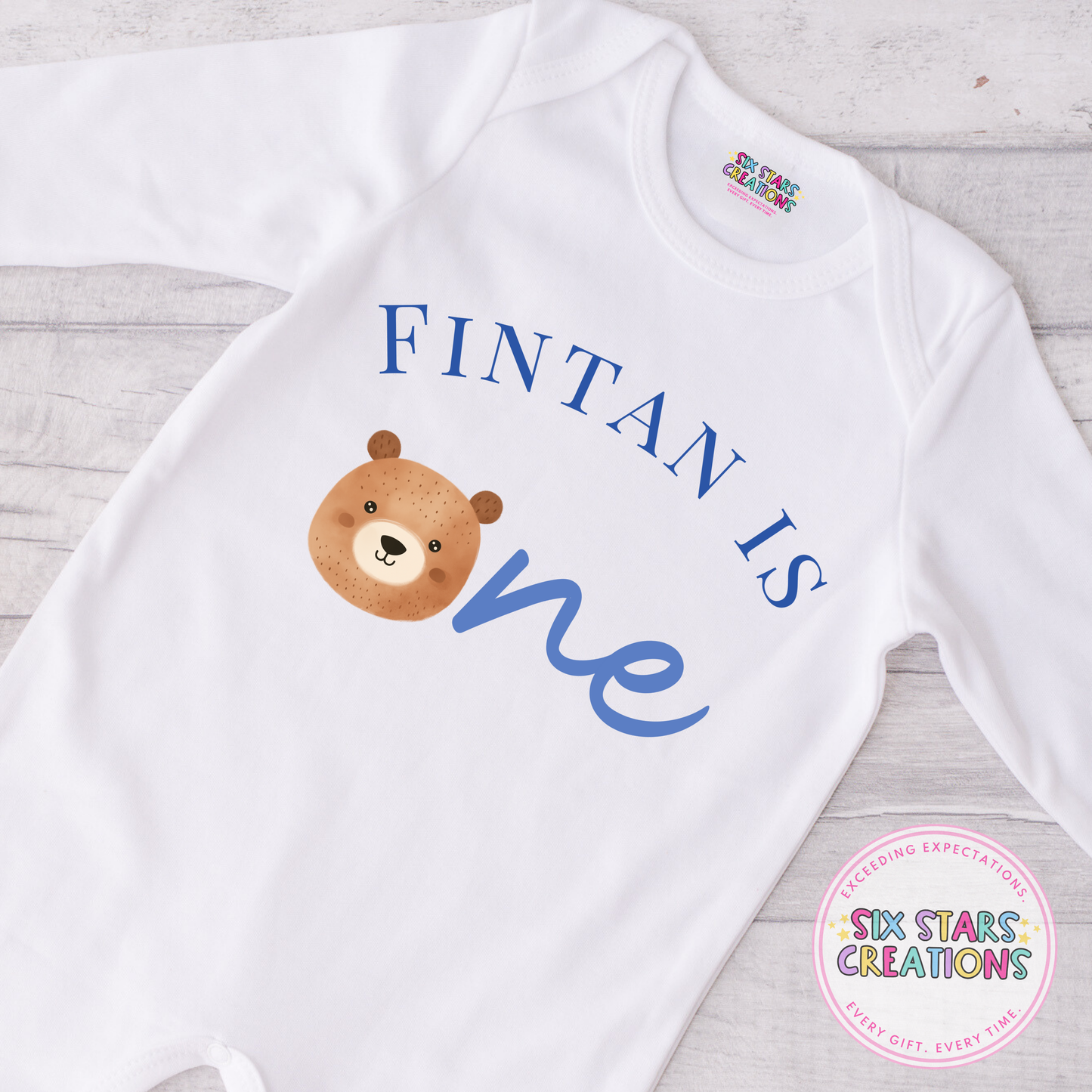 Personalised Birthday Romper - ‘Name’ Is One Blue Bear Design