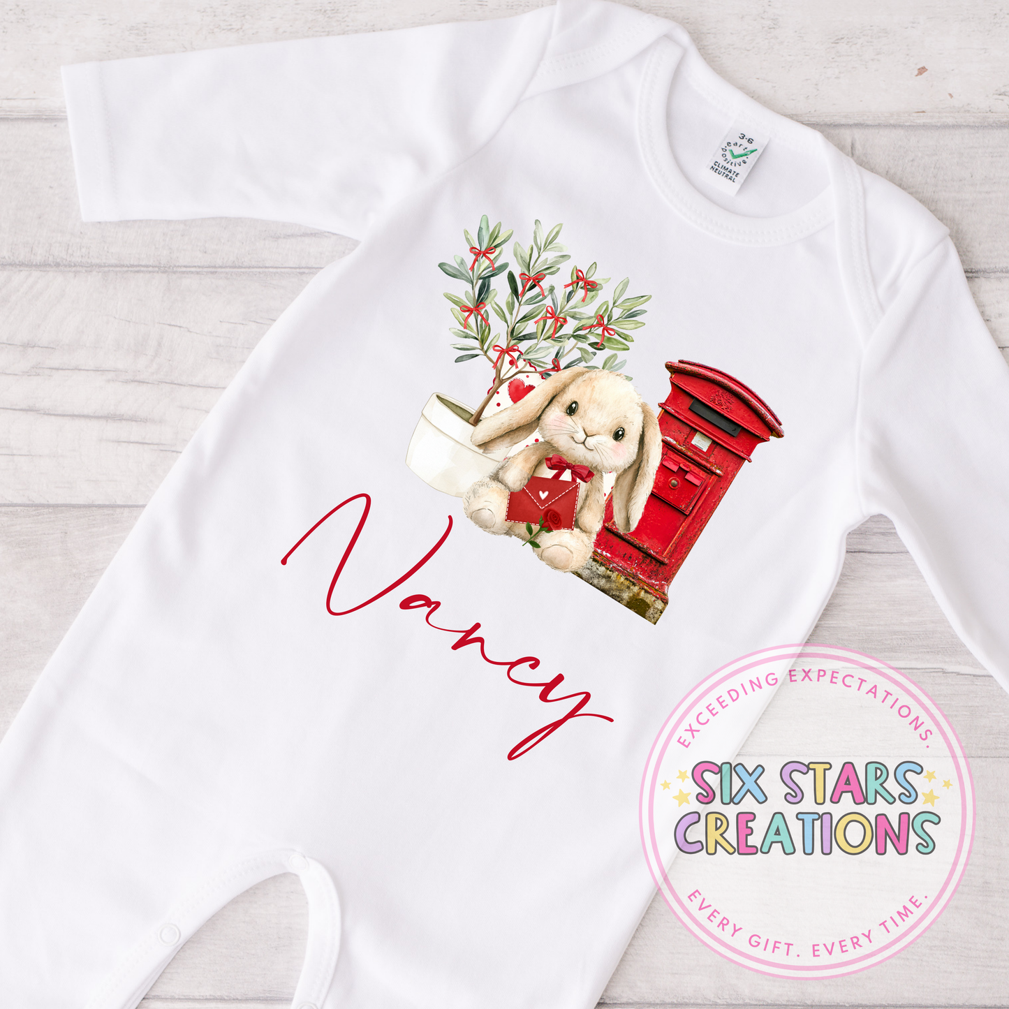 Personalised Valentine’s Day Bunny Postbox Design Sleepsuit