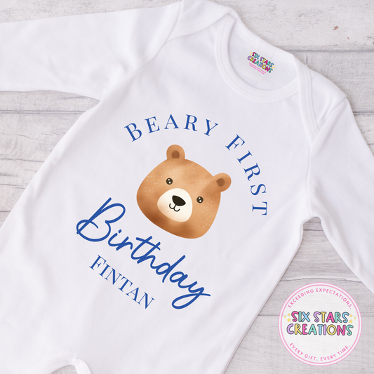 Personalised Birthday Romper - Beary First Birthday Blue Design