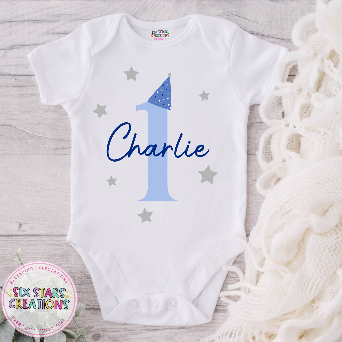 Personalised Birthday Bodysuit - Number 1 Blue Party Hat Design