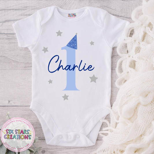 Personalised Birthday Bodysuit - Number 1 Blue Party Hat Design