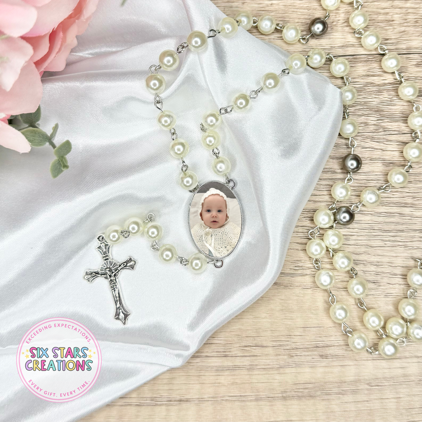 White Rosary Beads Photo Necklace