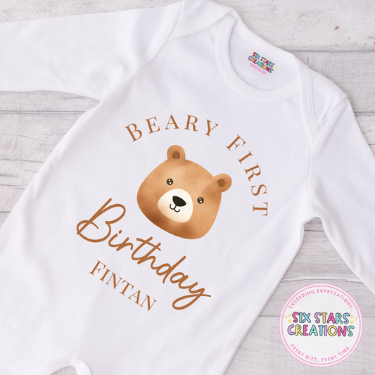 Personalised Birthday Romper - Beary First Birthday Brown Design